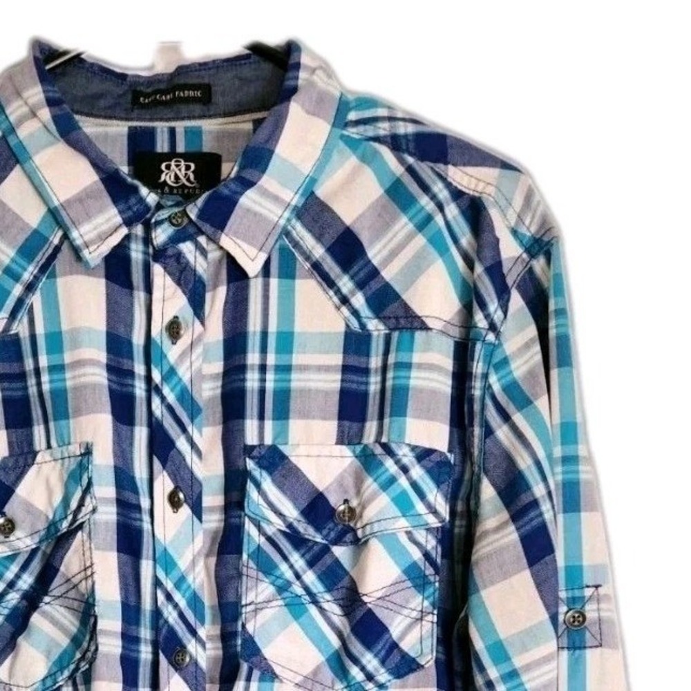 Rock & Republic Mens Large Flair Western Blue Plaid Button Long Sleeve Shirt EUC